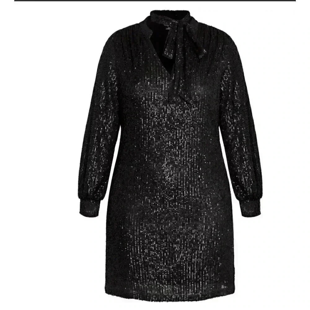 City Chic Fever Tie Womens 18W V Neck Sequined Mini Dress Black Stretch NEW - Picture 6 of 9